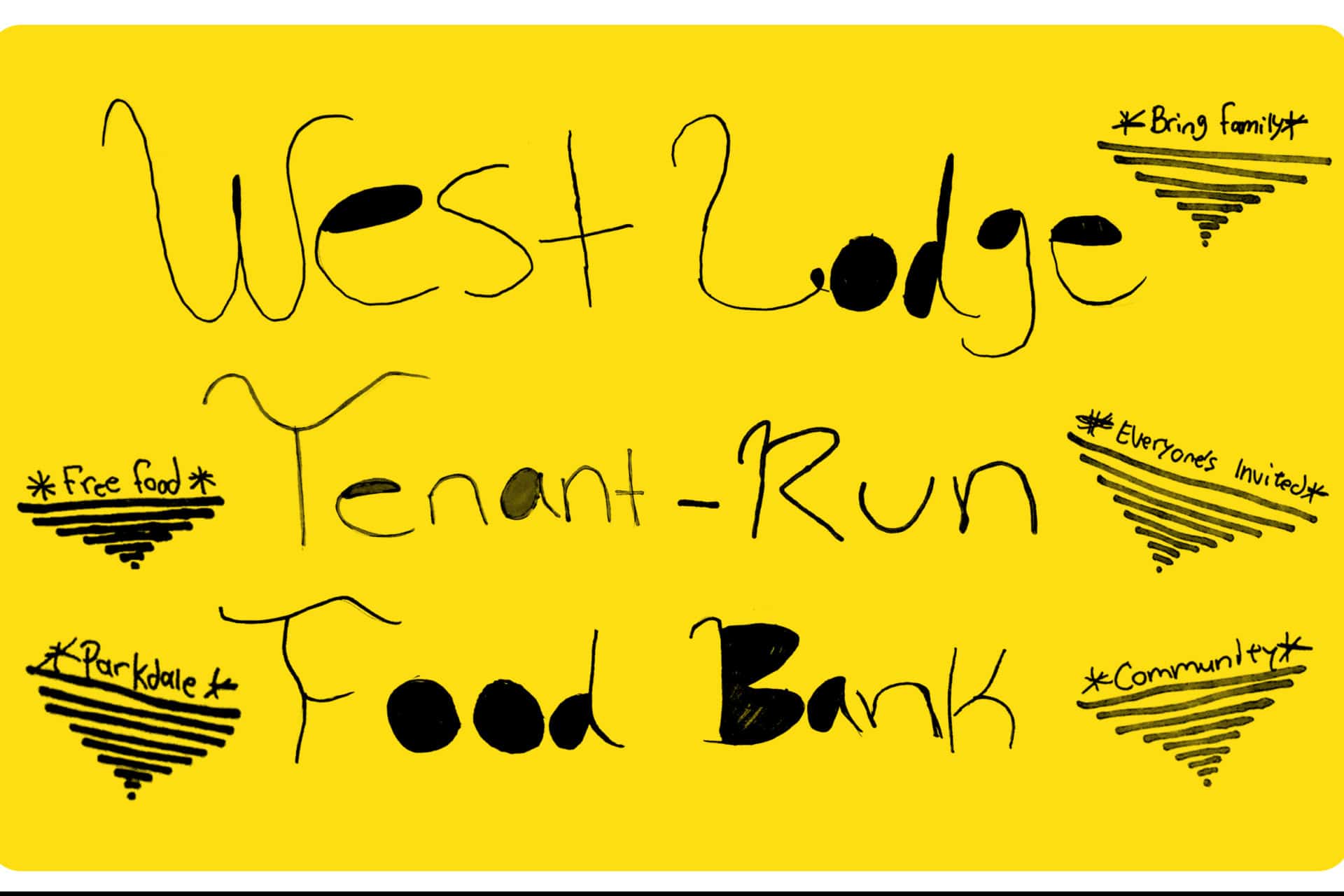 West Lodge tenant-run food bank graphic, black lettering against yellow background
