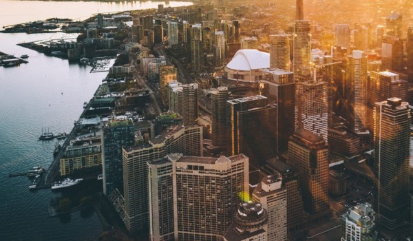 bird's eye view of Downtown Toronto with the CN Tower