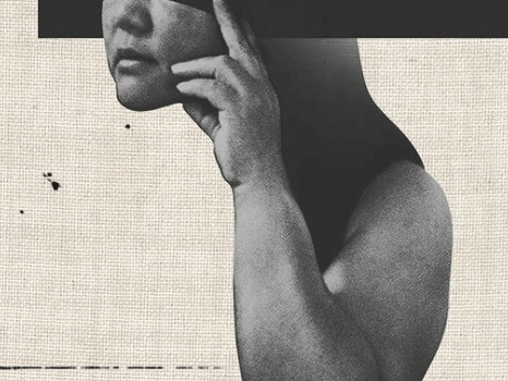 A drawing of a person with their hand on their face. Their eyes are covered by a black bar and blue text.