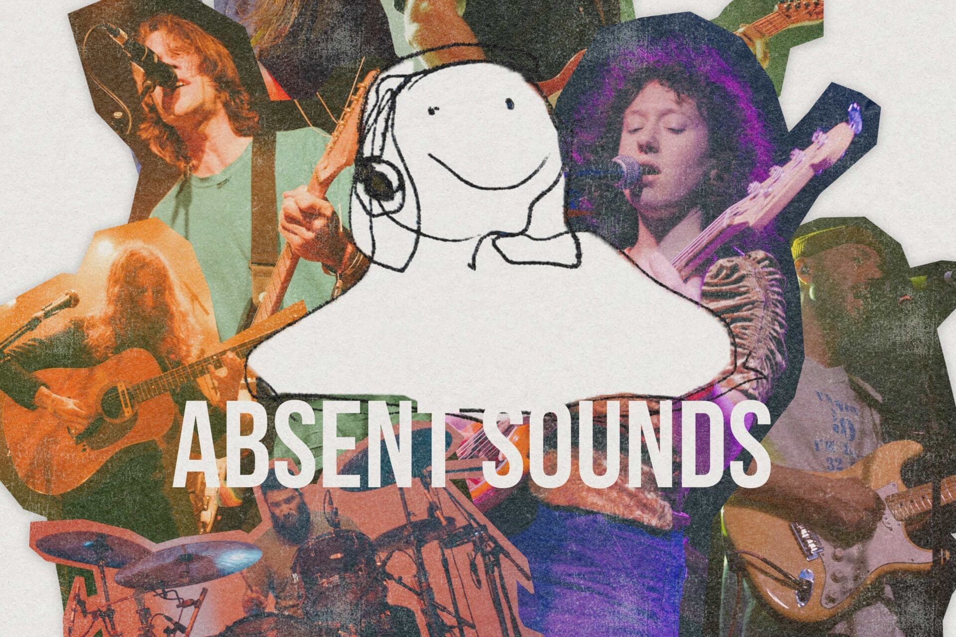 A colorful collage of musicians playing guitars, drums, and often in front of microphones, set behind a simple scribbled but tasteful pencil sketch of a person with messy scribbled hair, wearing headphones and smiling above the show title in all-caps.